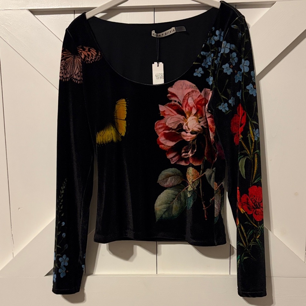 Alice & Olivia Delaina L/S Floral Velvet Top M NWT